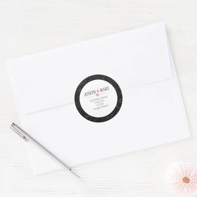 Black Marble Modern Wedding return address Classic Round Sticker (Envelope)