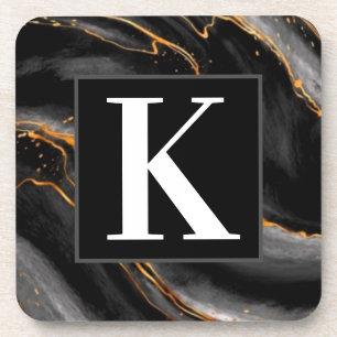 Black Marble Monogram Initial Housewarming Coaster