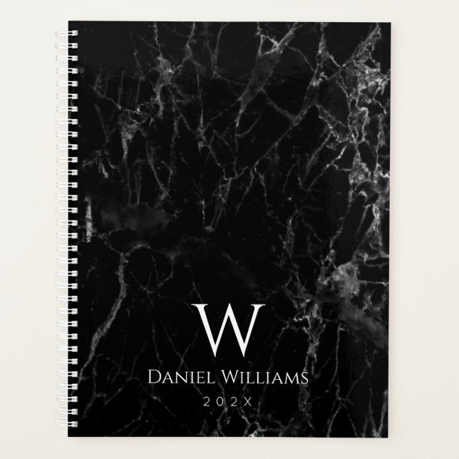 Black Marble Monogram Name White Initial Modern Planner (Front)