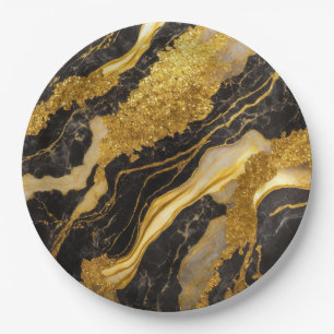 Black Marble Pattern with Gold Paper Plate