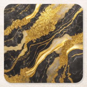 Black Marble Pattern with Gold Square Paper Coaster