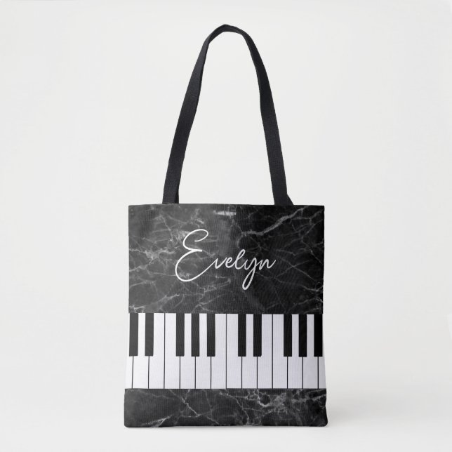 Black Marble Piano Music Themed Tote Bag (Front)
