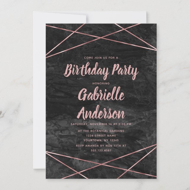 Black Marble Rose Gold Birthday Party Invitation (Front)