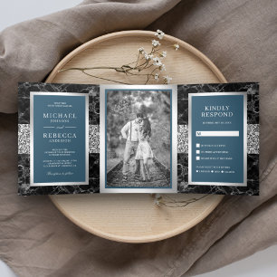 Black Marble Silver Glitter Dusty Blue Wedding Tri-Fold Invitation