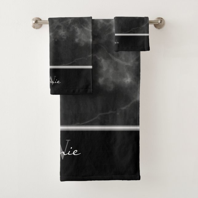Black Marble Silver Trim Monogram Men's  Bath Towel Set (Insitu)