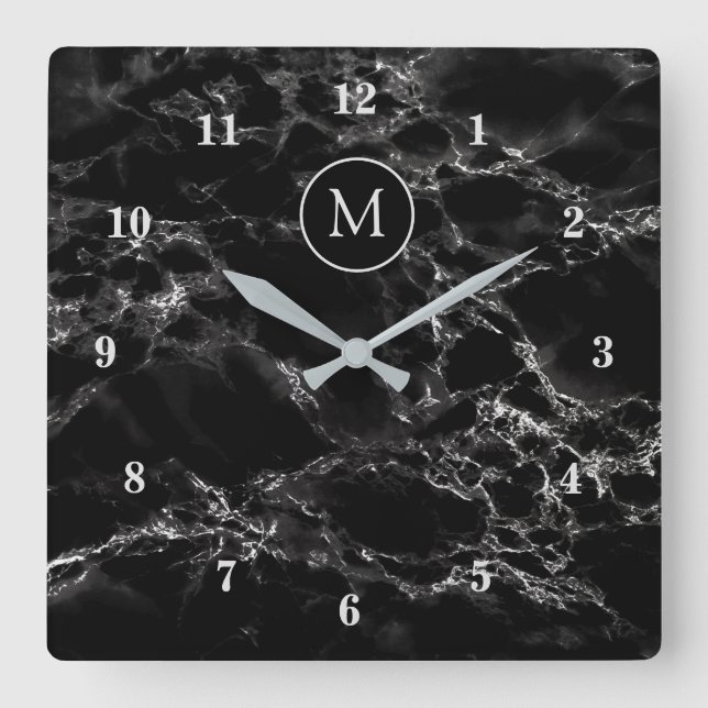 Black Marble Stone - Add Your Letter /Year/Number Square Wall Clock (Front)