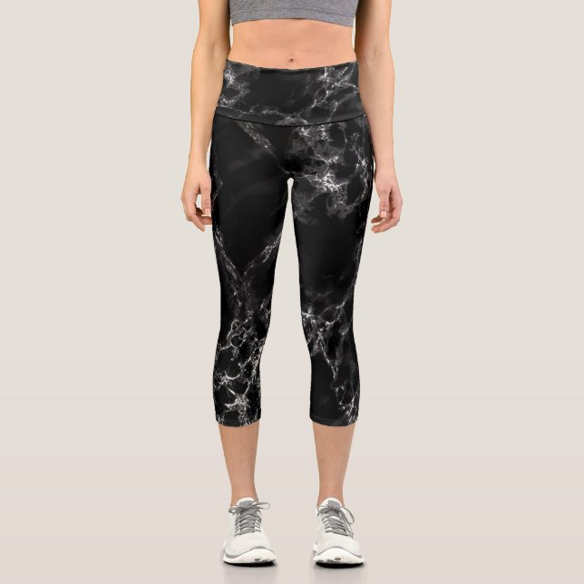 Black Marble Stone Modern Capri Leggings (Front)