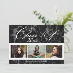 Black Marble Swirl 3-Photo Graduation Announcement