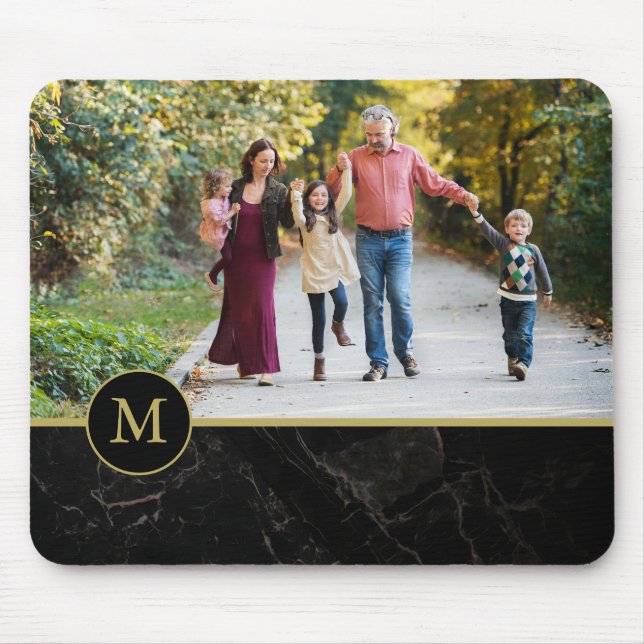 Black Marble Tan Monogram Family Photo Mouse Pad (Front)