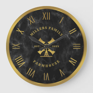Black Marble Texture Gold Fam House Roman Numerals Large Clock