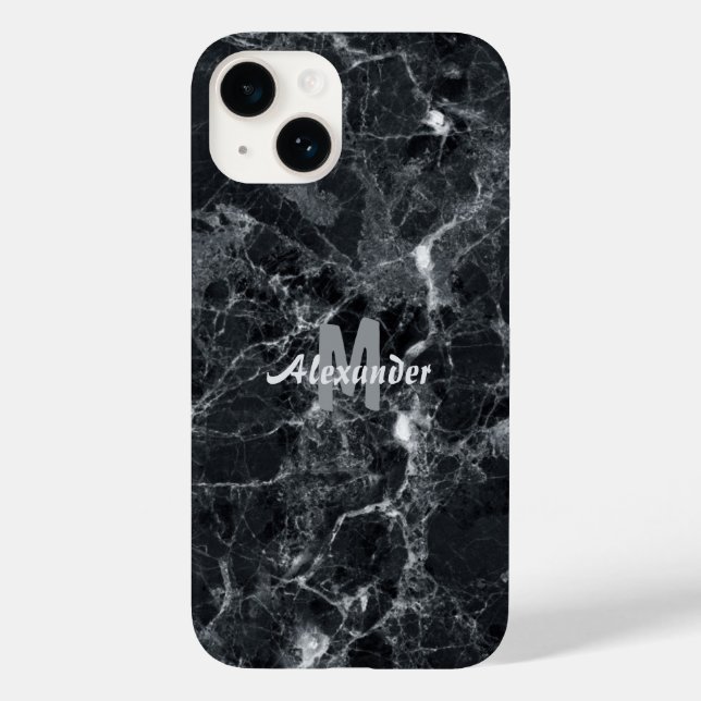 Black Marble Texture Monogram Name Case-Mate iPhone Case (Back)