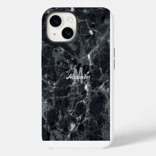 Black Marble Texture Monogram Name Case-Mate iPhone Case (Back)