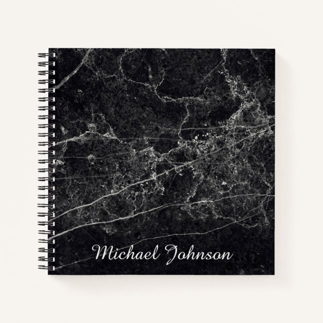 Black Marble Texture Monogram Name Notebook (Front)