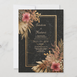 Black Marble Tropical Rose Hibiscus Wedding Invitation