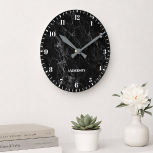 Black Marble White Custom Name Classic Numbers Round Clock