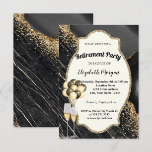 Black Marble,Wine Glass,Balloons, Retirement Invitation