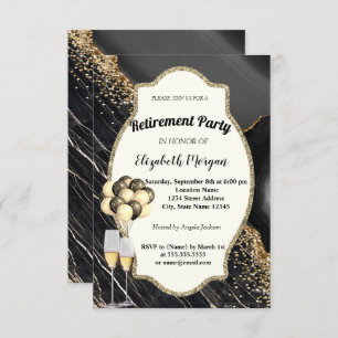 Black Marble,Wine Glass,Balloons, Retirement Invitation