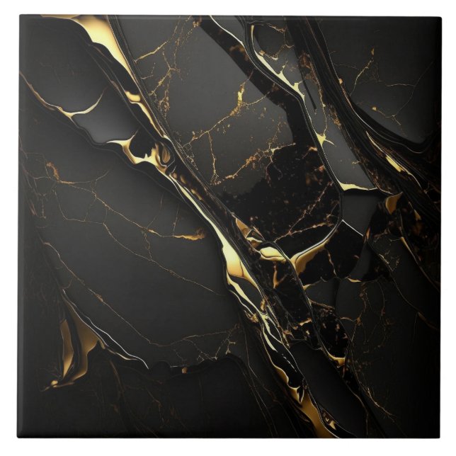 Black Marble with Diagonal Gold Streaks Tile (Front)