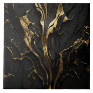 Black Marble with Flowing Gold Ribbons Tile