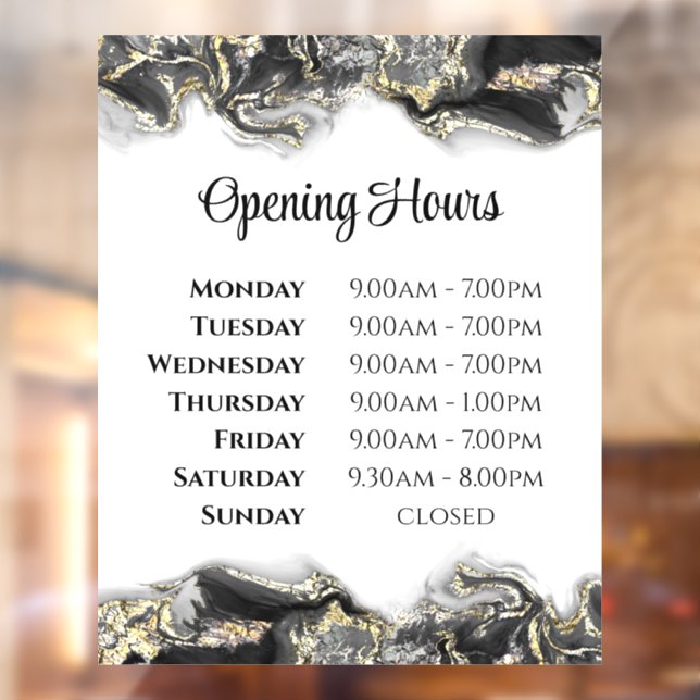 Black marbling design opening hours window cling (Sheet 2)