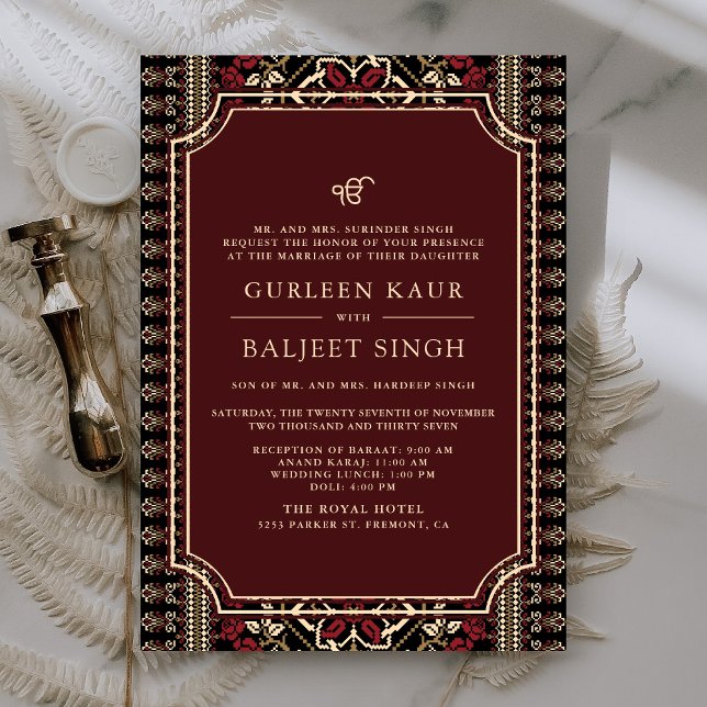Black Maroon Red Ikat Anand Karaj Sikh Wedding Invitation (Creator Uploaded)