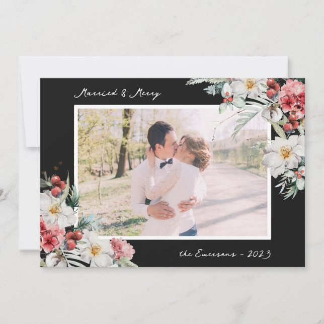 Black Married and Merry Photo Holiday Card (Front)