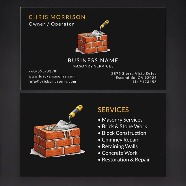 Black Masonry Services Professional Business Card (Creator Uploaded)