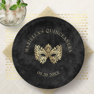 Black Masquerade Mask Elegant Quinceanera Paper Plate