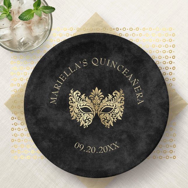 Black Masquerade Mask Elegant Quinceanera Paper Plate (Creator Uploaded)