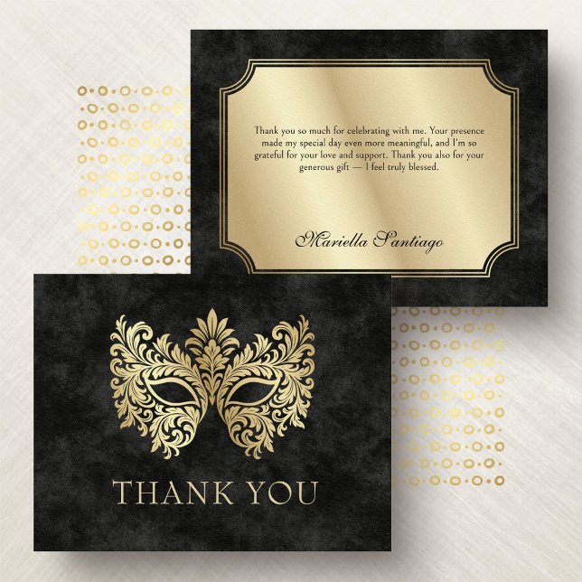 Black Masquerade Mask Elegant Quinceanera Thank You Card (Creator Uploaded)