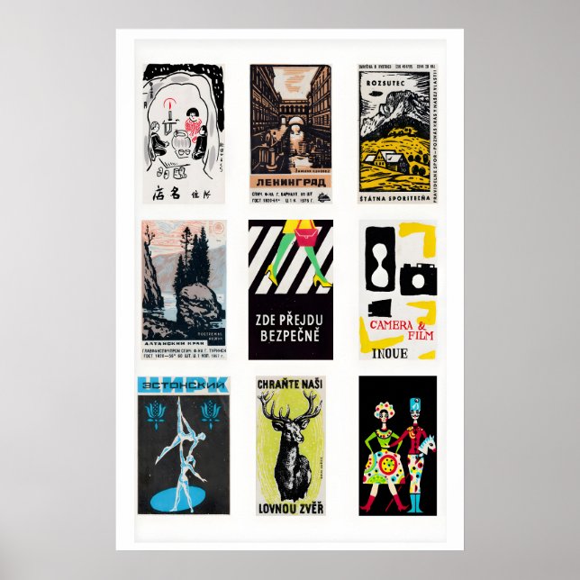 Black Matchbox Labels Grid Print, Vintage Ephemera Poster (Front)