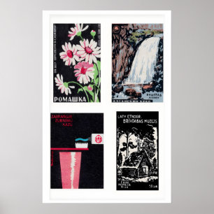 Black Matchbox Labels Grid Print, Vintage Ephemera Poster