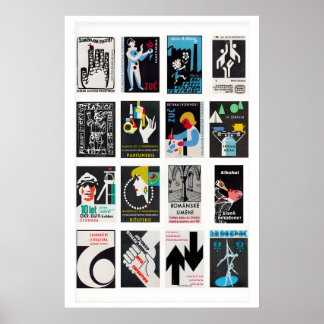 Black Matchbox Labels Grid, Vintage Ephemera Poster