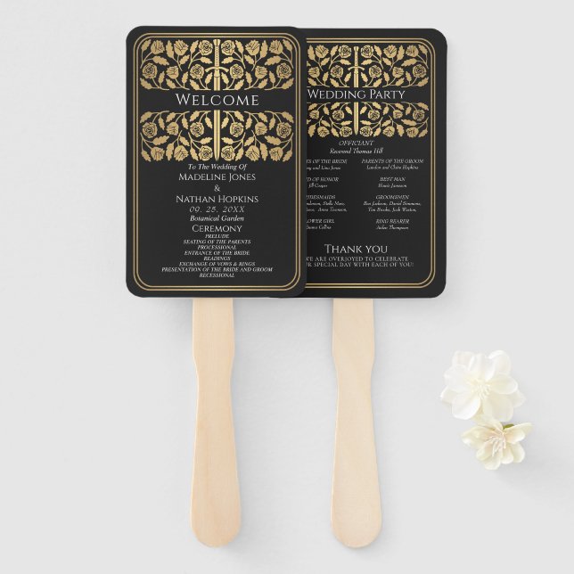 Black Mediaeval Gold Sword Royal Wedding Program Hand Fan (Front and Back)