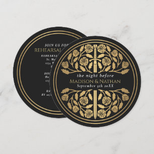 Black Mediaeval Gold Sword Royal Wedding Rehearsal Invitation