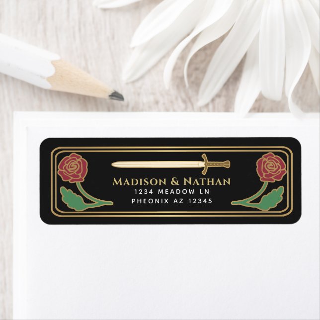 Black Medieval Fantasy Gold Sword Wedding Label (Insitu)