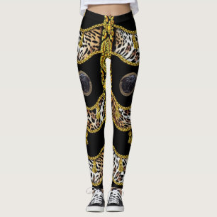 Black Medusa Leopard and Gold Tassel Black Leggings
