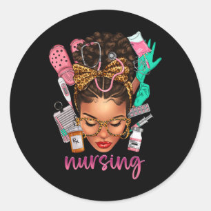 Black Melanin Nurse Black History Month Afro Hair  Classic Round Sticker