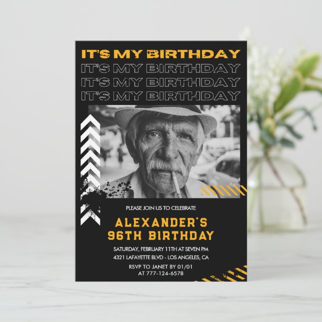Black Men Photo Spray paint 96th birthday Invitation (Standing Front)