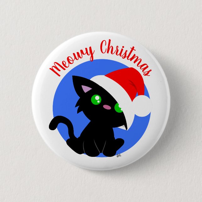 Black Meowy Christmas Kitty Button (Front)
