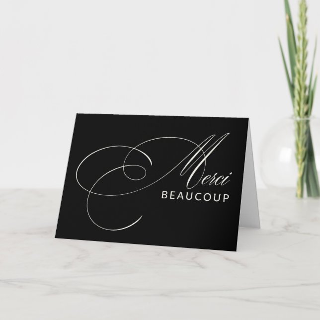 Black Merci Beaucoup Elegant Calligraphy Thank You Card (Front)