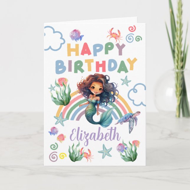 Black Mermaid Birthday Card in White (Front)