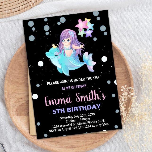 Black Mermaid Birthday Invitations with dolphin (Black Mermaid Birthday Invitations with dolphin)