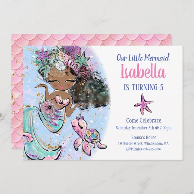 Black Mermaid Birthday Party Invitation (Front/Back)