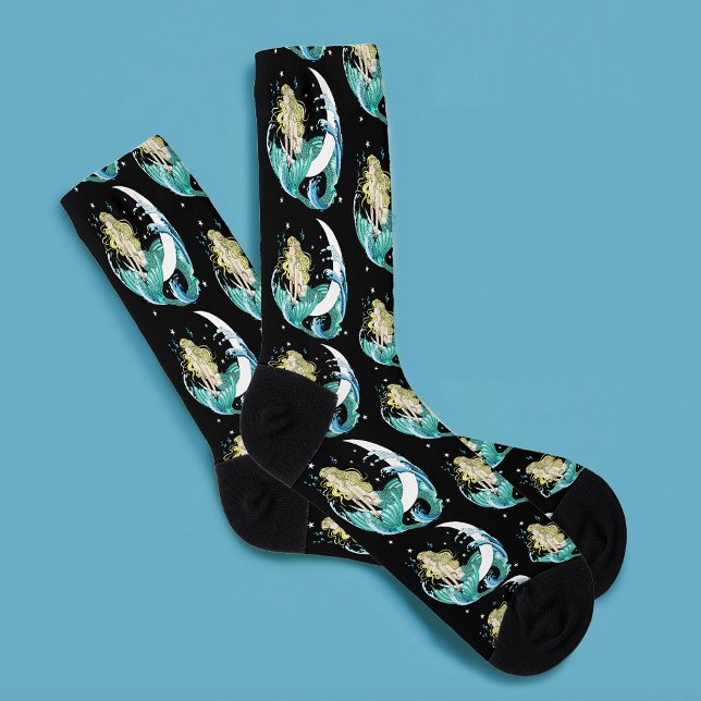 Black Mermaid Crescent Moon Fantasy Art Deco Socks (Creator Uploaded)