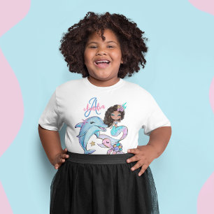 Black Mermaid Custom Kids Name Pink Girl T-Shirt