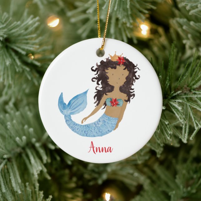 Black Mermaid Cute Little Girl Personalised Name Ceramic Tree Decoration (Tree)