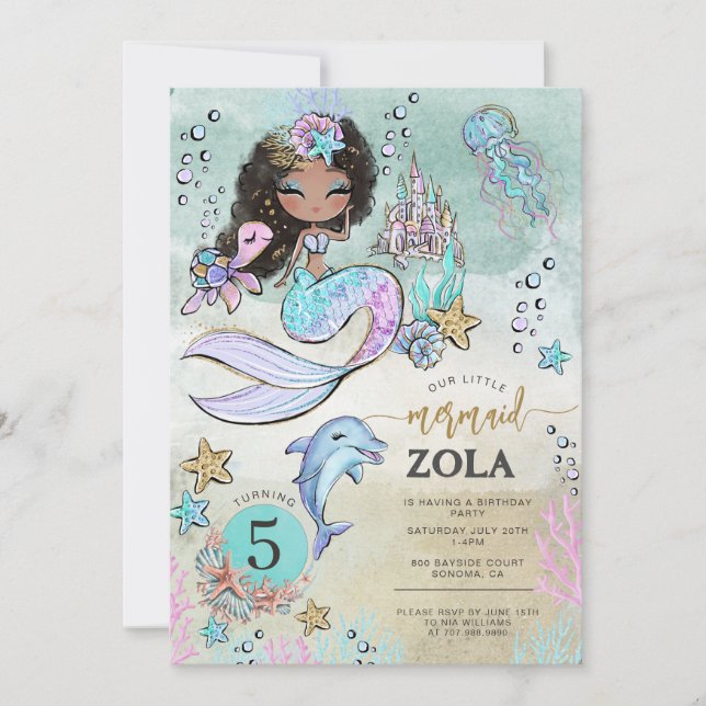 Black Mermaid Editable Under The Sea 5th Birthday  Invitation (Front)