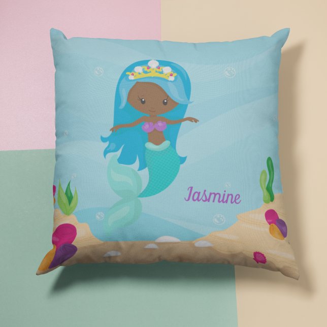 Black Mermaid Girl Cute African American Kids Cushion (Creator Uploaded)
