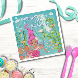 Black Mermaid Pink Hair Under the Sea Birthday Napkin